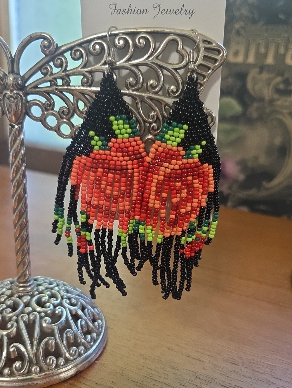 Beaded Red Rose Fringe Fashion  Earrings